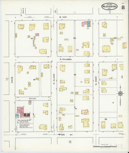 Sanborn Fire Insurance Map from Weatherford, Parker County, Texas (1921), Sheet #0008 - Historic Sanborn Fire Insurance Map Print, vintage old map wall art, antique decor, genealogy gift, Texas Texas map