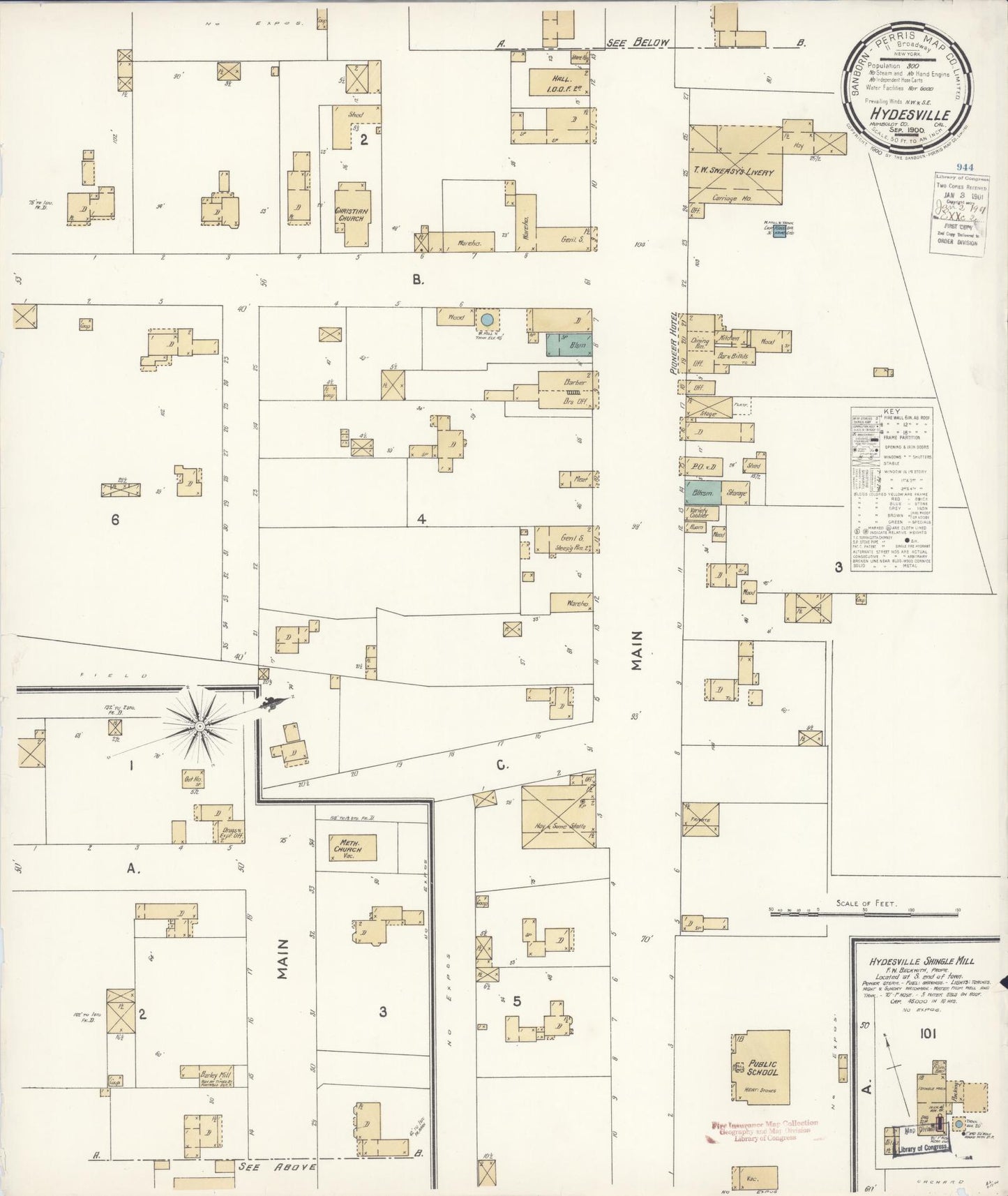 Sanborn Fire Insurance Map from Hydesville, Humboldt County, California (1900), Sheet #0001 - Historic Sanborn Fire Insurance Map Print, vintage old map wall art, antique decor, genealogy gift, California California map