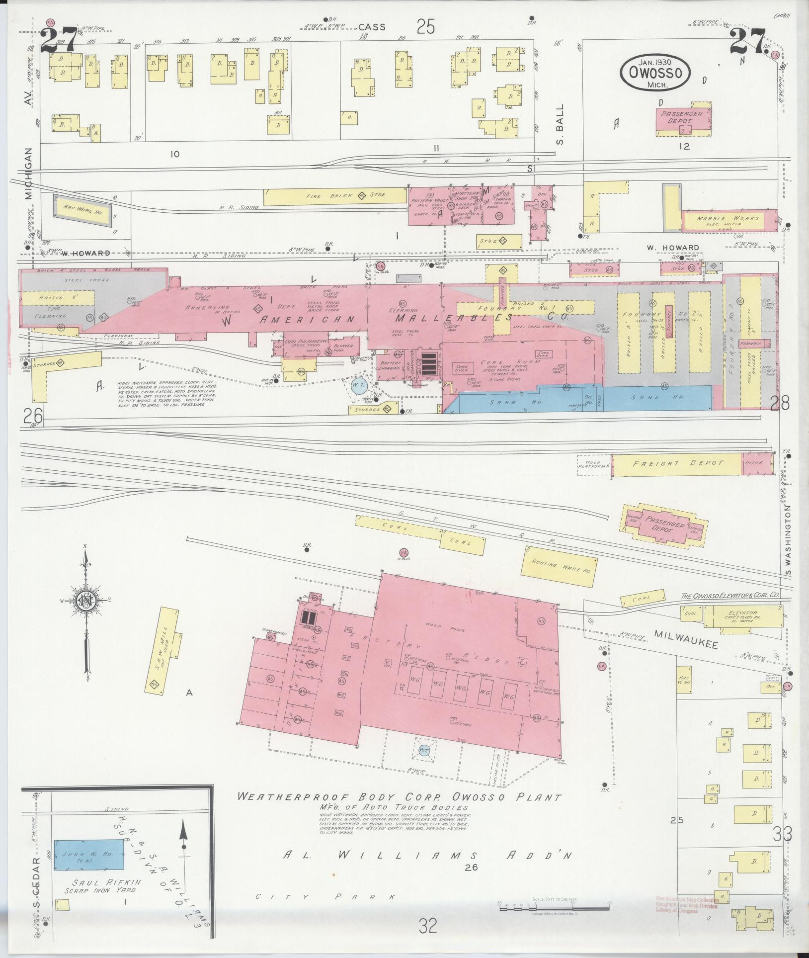 Sanborn Fire Insurance Map from Owosso, Shiawassee County, Michigan (1930), Sheet #0027 - Historic Sanborn Fire Insurance Map Print, vintage old map wall art, antique decor, genealogy gift, Michigan Michigan map