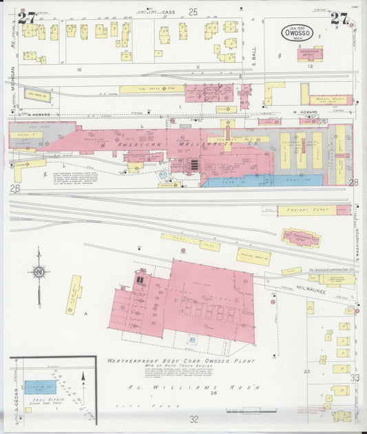 Sanborn Fire Insurance Map from Owosso, Shiawassee County, Michigan (1930), Sheet #0027 - Historic Sanborn Fire Insurance Map Print, vintage old map wall art, antique decor, genealogy gift, Michigan Michigan map