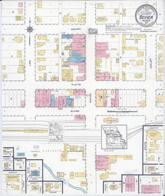 Sanborn Fire Insurance Map from Bevier, Macon County, Missouri (1917), Sheet #0001 - Historic Sanborn Fire Insurance Map Print, vintage old map wall art, antique decor, genealogy gift, Missouri Missouri map