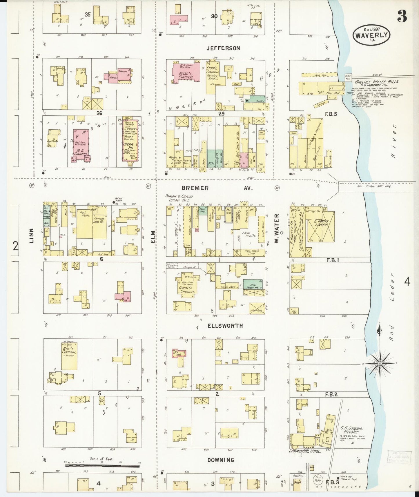 Sanborn Fire Insurance Map from Waverly, Bremer County, Iowa (1897), Sheet #0003 - Historic Sanborn Fire Insurance Map Print, vintage old map wall art