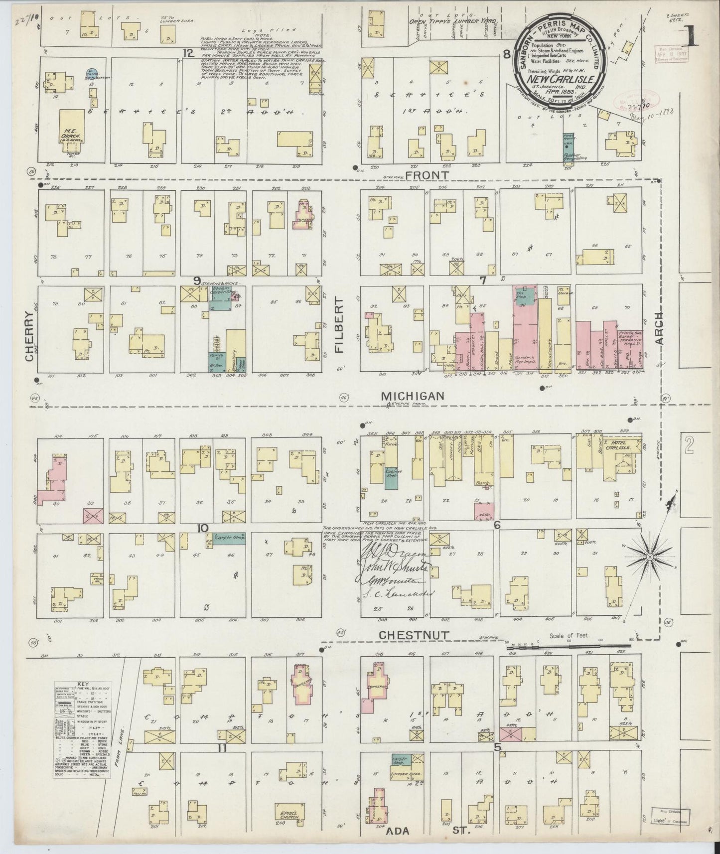 Sanborn Fire Insurance Map from New Carlisle, Saint Joseph County, Indiana (1893), Sheet #0001 - Historic Sanborn Fire Insurance Map Print, vintage old map wall art, antique decor, genealogy gift, Indiana Indiana map
