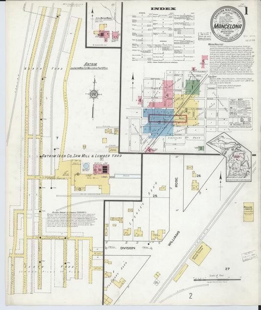 Sanborn Fire Insurance Map from Mancelona, Antrim County, Michigan (1917), Sheet #0001 - Historic Sanborn Fire Insurance Map Print, vintage old map wall art, antique decor, genealogy gift, Michigan Michigan map