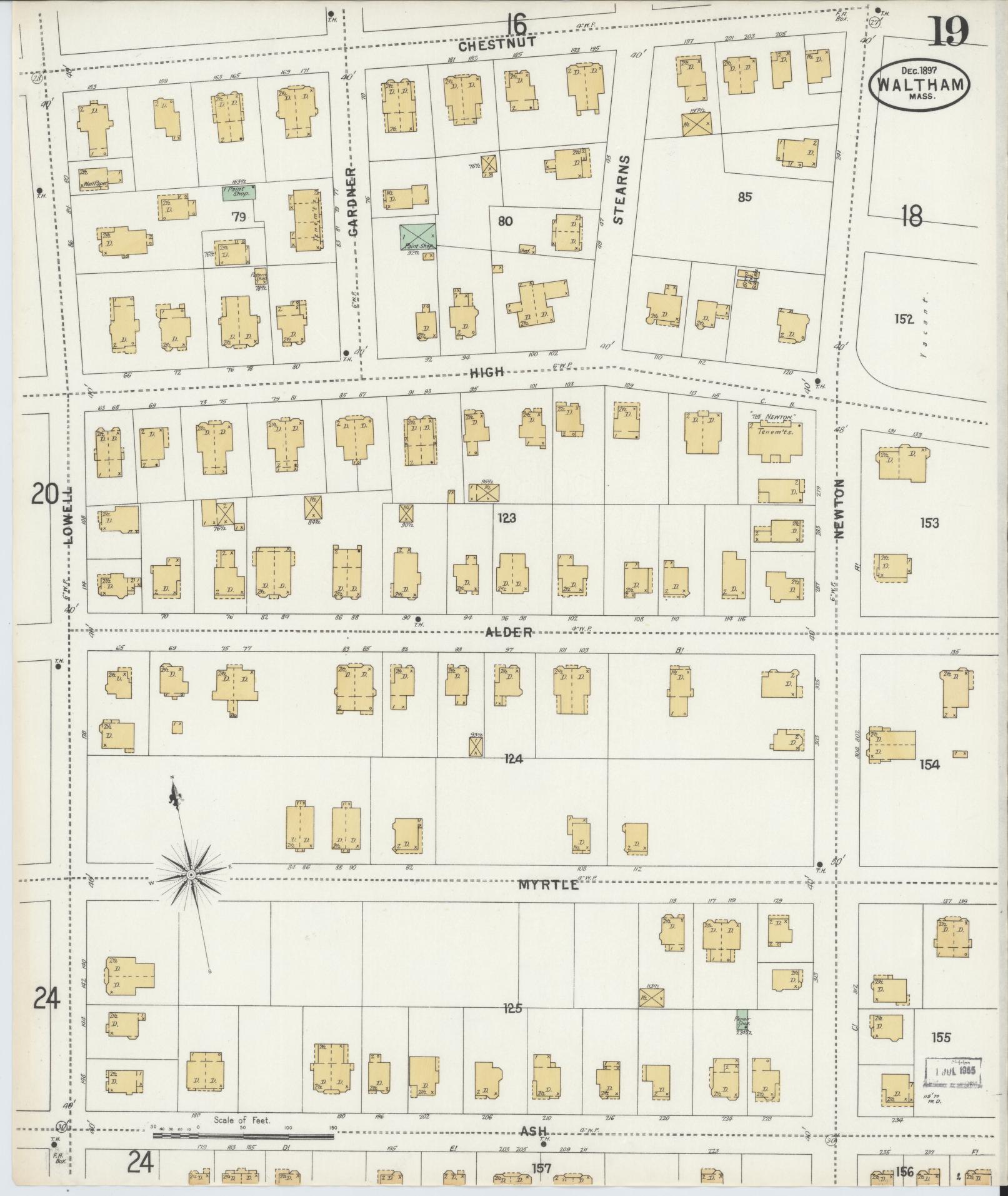 Sanborn Fire Insurance Map from Waltham, Middlesex County, Massachusetts (1897), Sheet #0019 - Complete Map Set gallery image, historic Sanborn map, vintage wall art, Massachusetts Massachusetts
