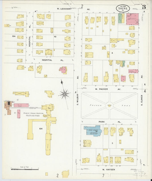 Sanborn Fire Insurance Map from Sayre, Bradford County, Pennsylvania (1909), Sheet #0003 - Historic Sanborn Fire Insurance Map Print, vintage old map wall art, antique decor, genealogy gift, Pennsylvania Pennsylvania map