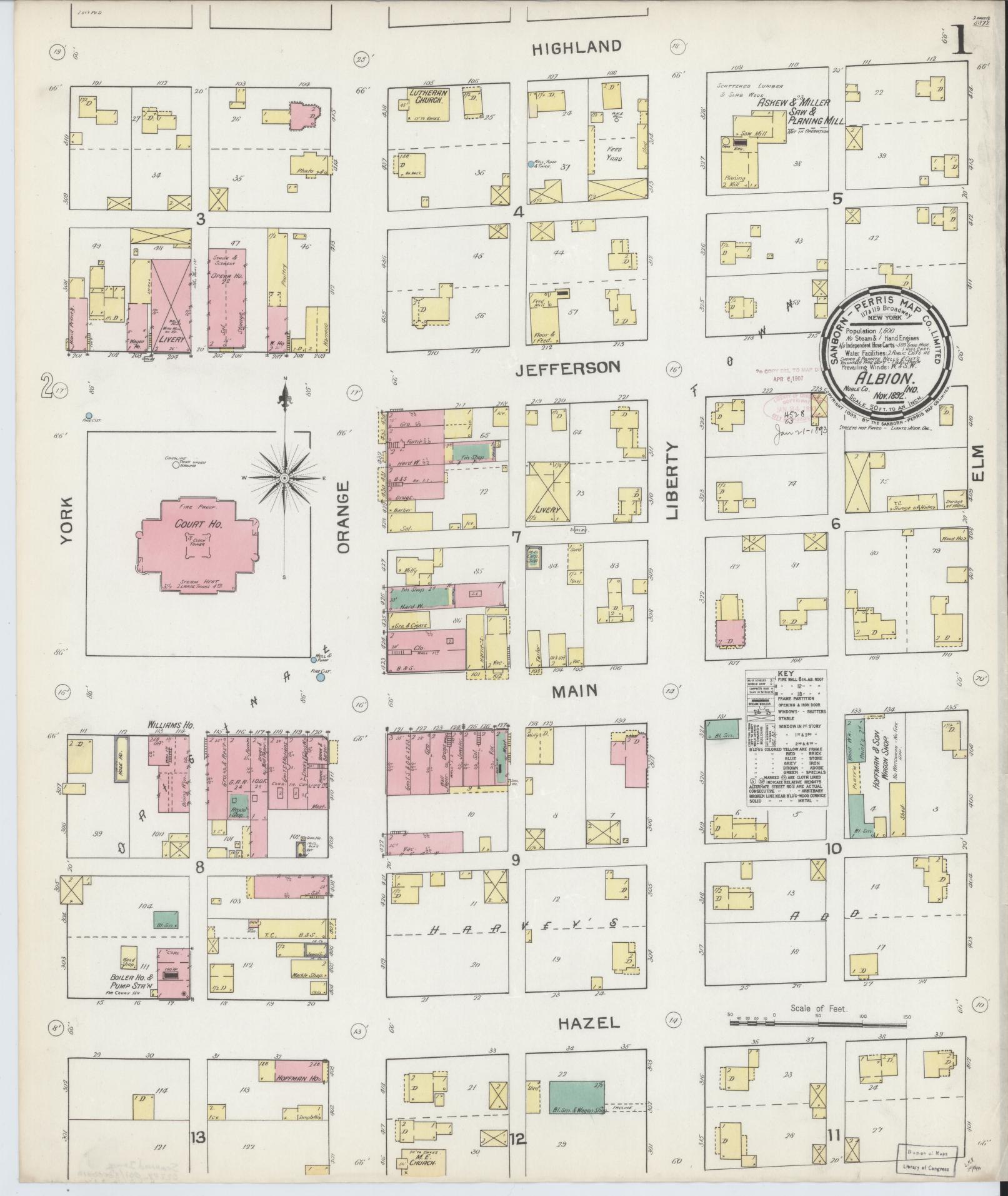 Sanborn Fire Insurance Map from Albion, Noble County, Indiana (1892), Sheet #0001 - Historic Sanborn Fire Insurance Map Print, vintage old map wall art, antique decor, genealogy gift, Indiana Indiana map