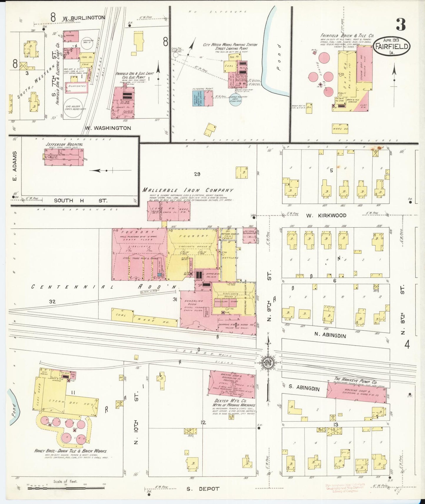 Sanborn Fire Insurance Map from Fairfield, Jefferson County, Iowa (1913), Sheet #0003 - Historic Sanborn Fire Insurance Map Print, vintage old map wall art