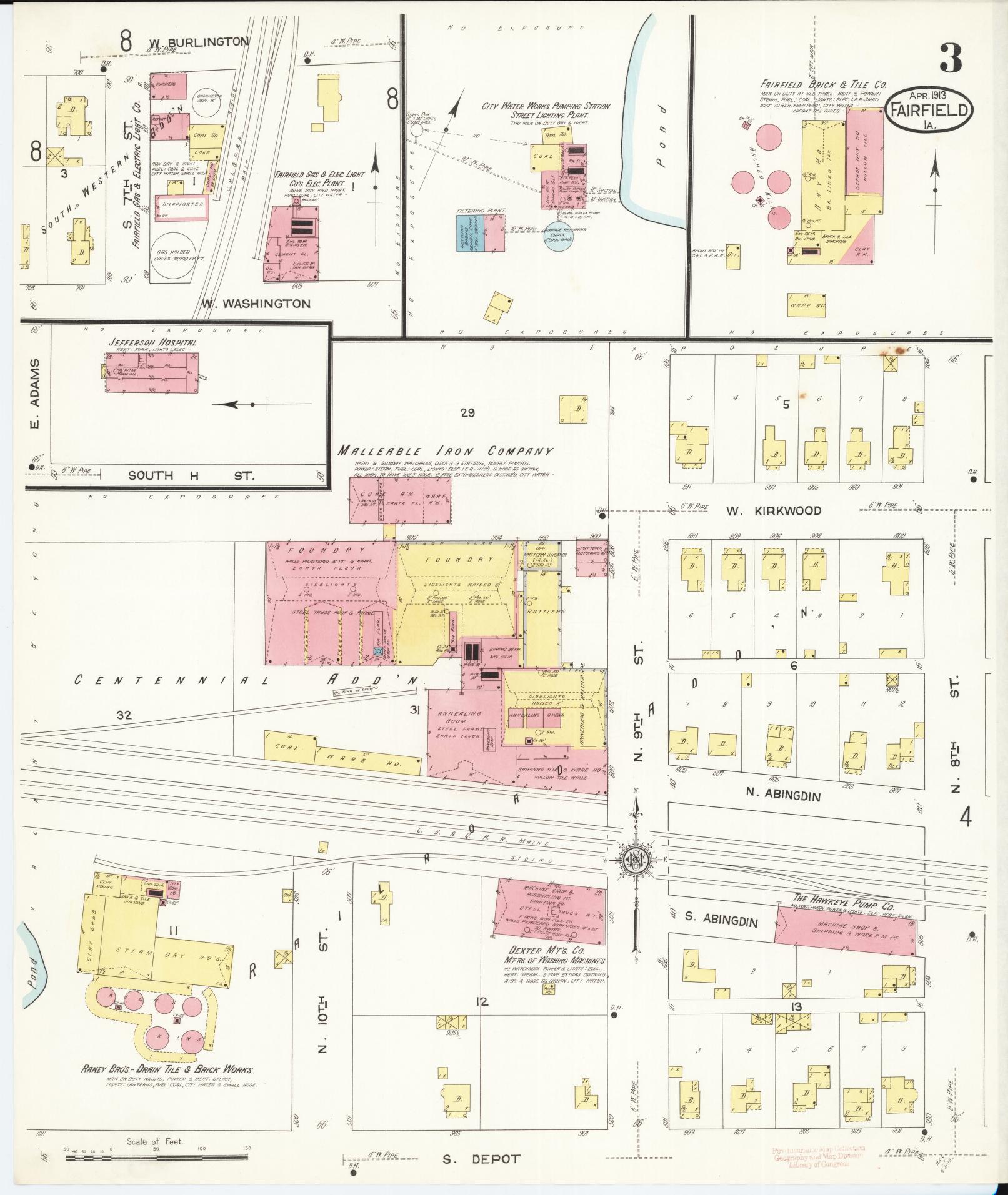 Sanborn Fire Insurance Map from Fairfield, Jefferson County, Iowa (1913), Sheet #0003 - Historic Sanborn Fire Insurance Map Print, vintage old map wall art