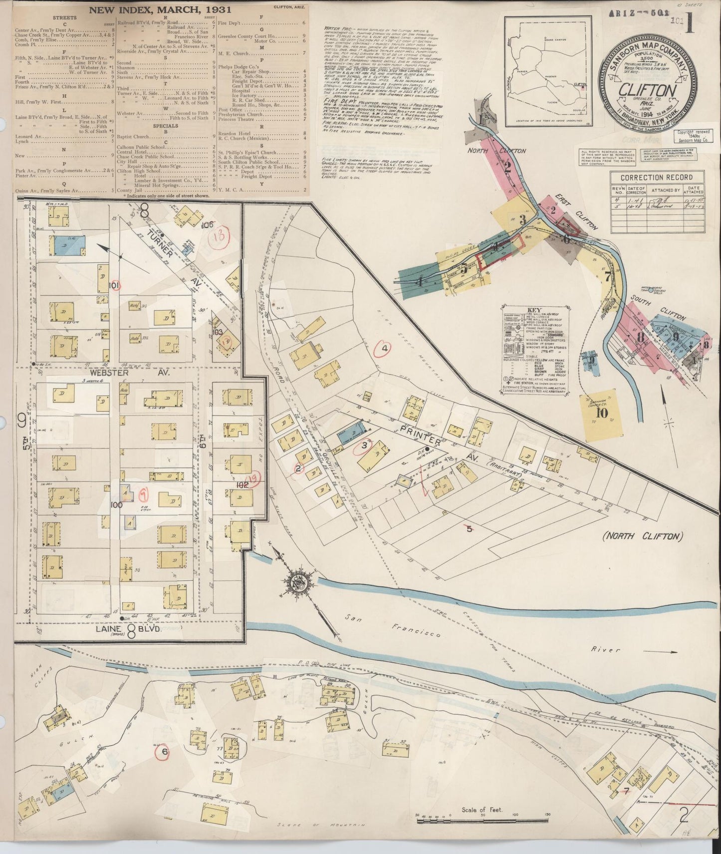 Sanborn Fire Insurance Map from Clifton, Greenlee County, Arizona (1948), Sheet #0001 - Complete Map Set gallery image, historic Sanborn map, vintage wall art, Arizona Arizona