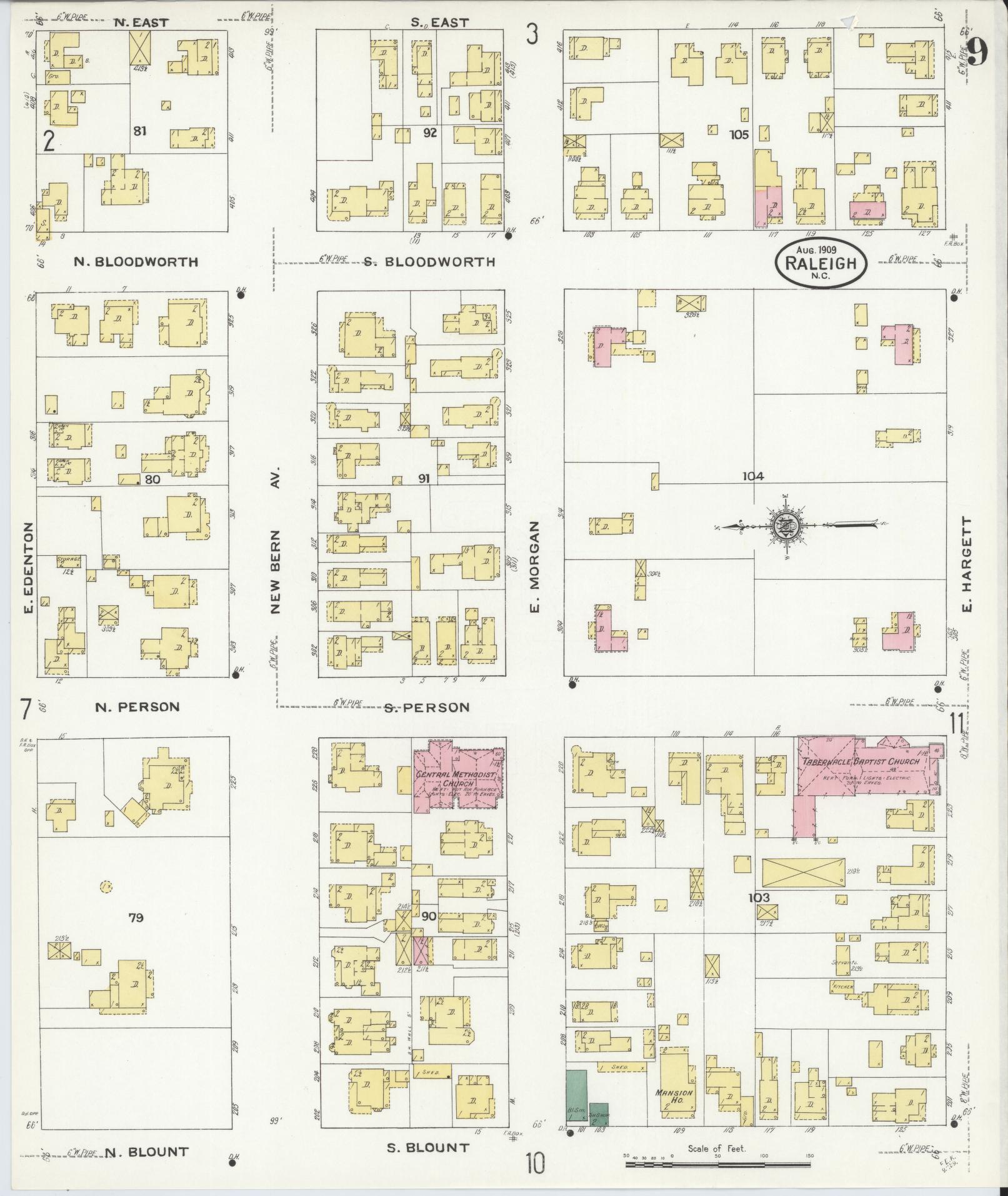 Sanborn Fire Insurance Map from Raleigh, Wake County, North Carolina (1909), Sheet #0009 - Complete Map Set gallery image, historic Sanborn map, vintage wall art, North Carolina North Carolina