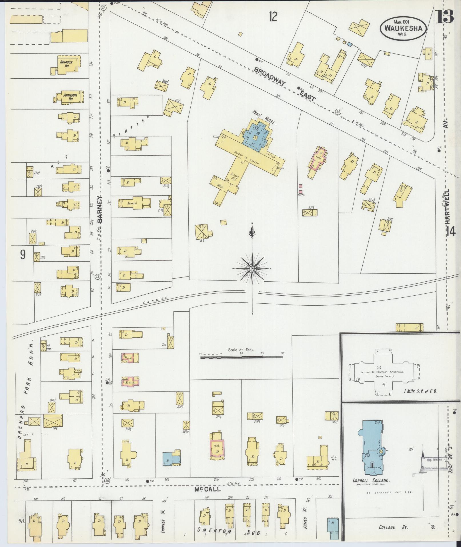 Sanborn Fire Insurance Map from Waukesha, Waukesha County, Wisconsin (1901), Sheet #0013 - Complete Map Set gallery image, historic Sanborn map, vintage wall art, Wisconsin Wisconsin