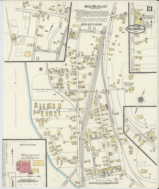 Sanborn Fire Insurance Map from Bellows Falls, Windham County, Vermont (1920), Sheet #0013 - Historic Sanborn Fire Insurance Map Print, vintage old map wall art, antique decor, genealogy gift, Vermont Vermont map