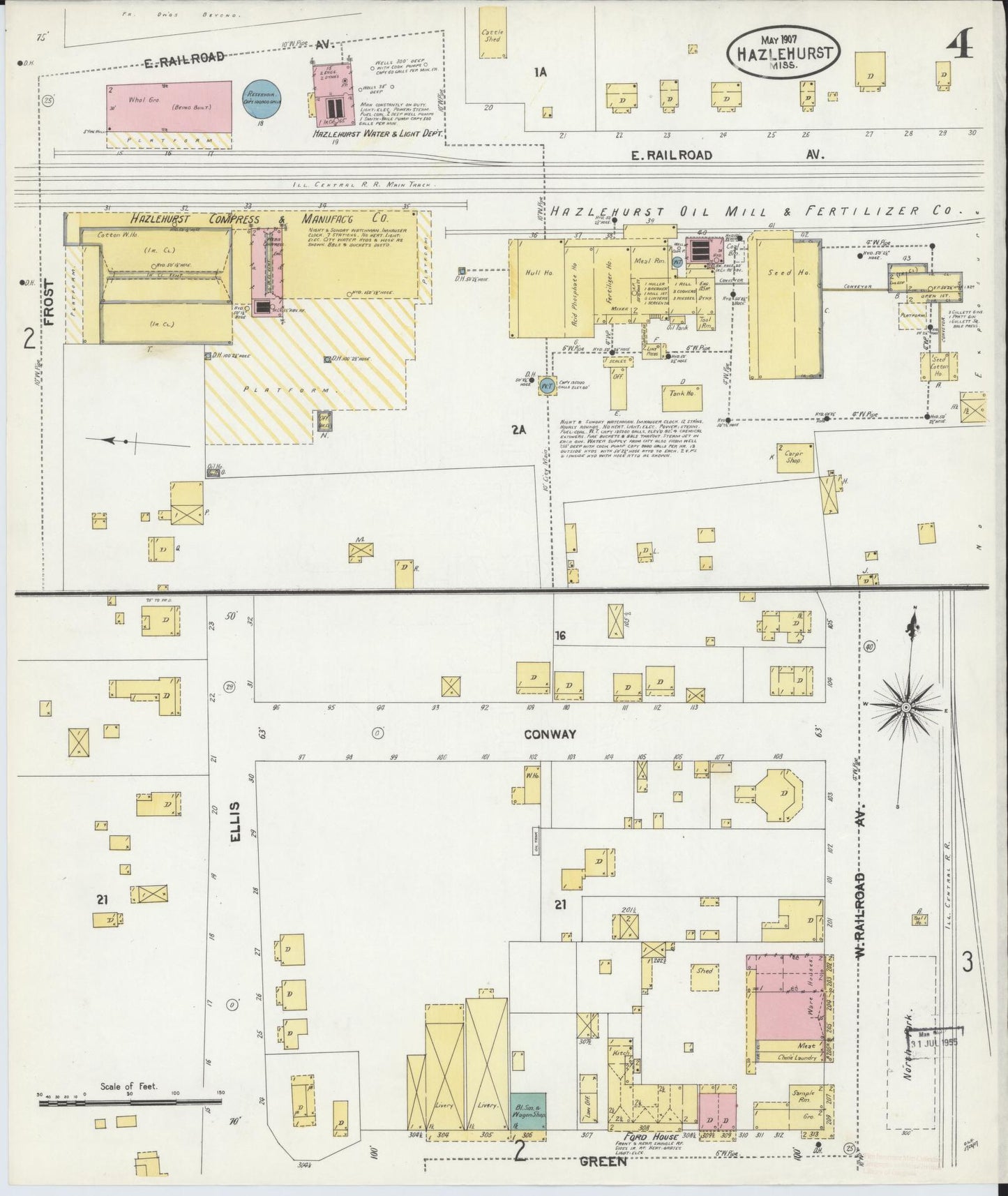 Sanborn Fire Insurance Map from Hazlehurst, Copiah County, Mississippi (1907), Sheet #0004 - Complete Map Set gallery image, historic Sanborn map, vintage wall art, Mississippi Mississippi