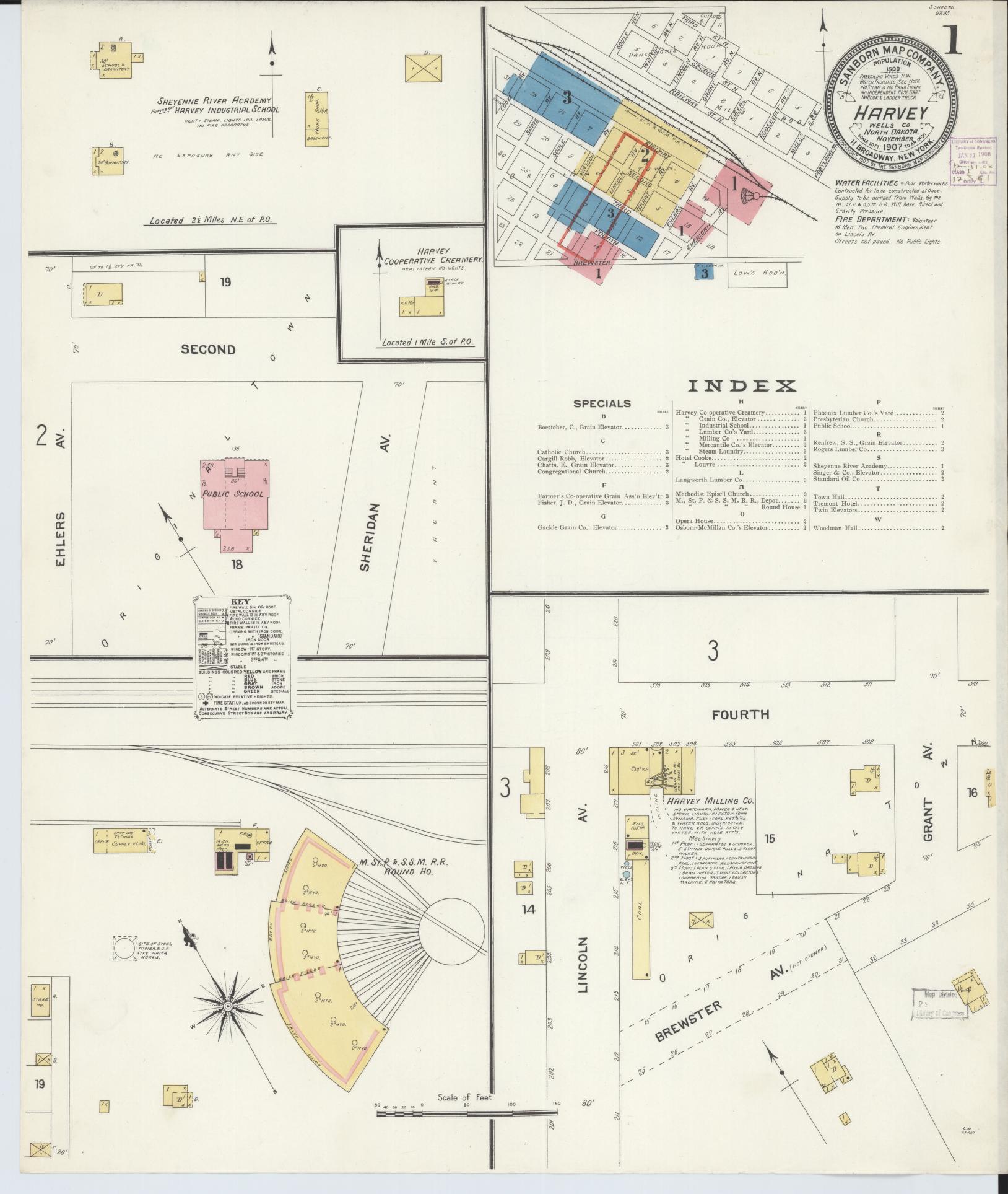 Sanborn Fire Insurance Map from Harvey, Wells County, North Dakota (1907), Sheet #0001 - Historic Sanborn Fire Insurance Map Print, vintage old map wall art, antique decor, genealogy gift, North Dakota North Dakota map