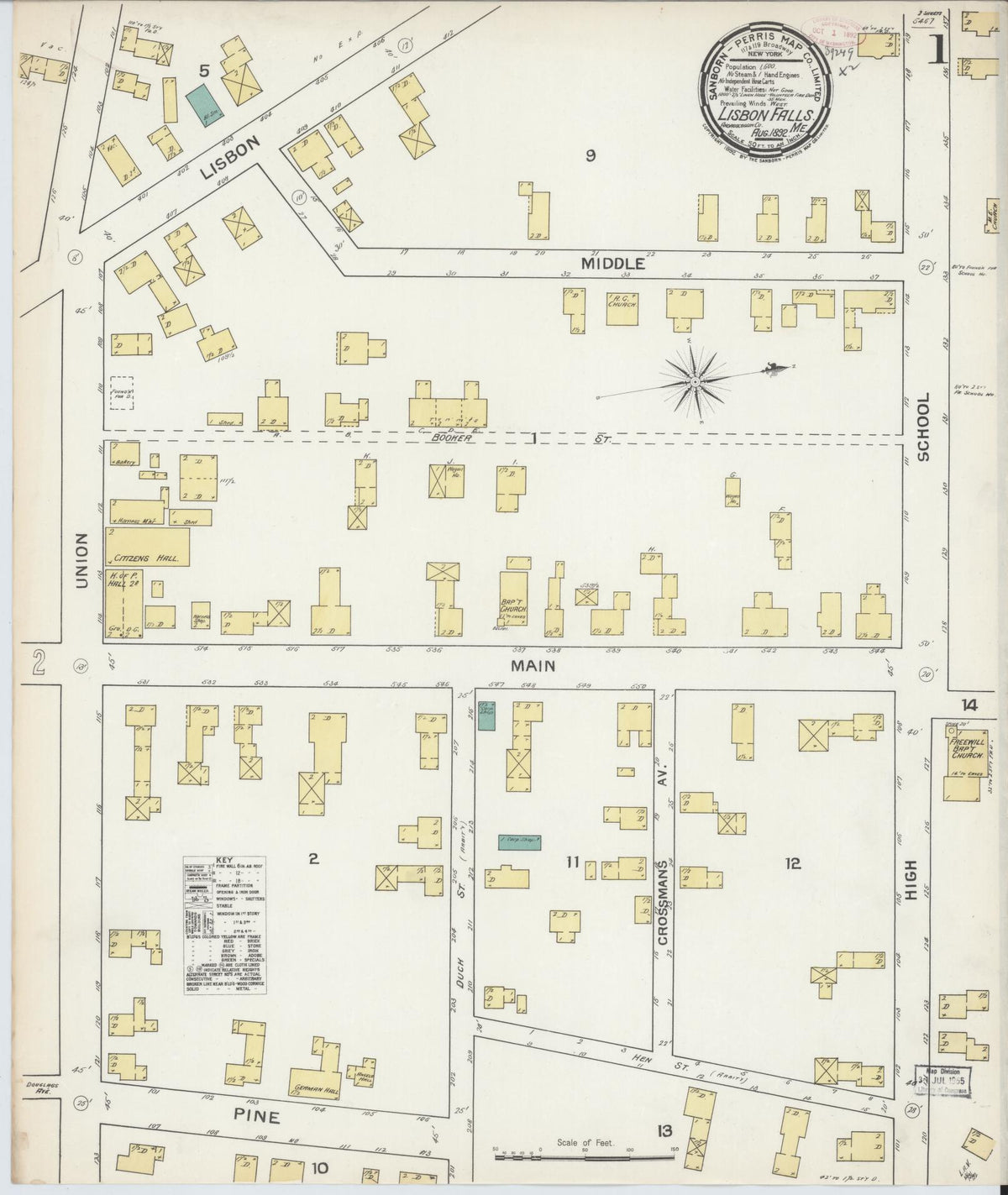 Sanborn Fire Insurance Map from Lisbon Falls, Androscoggin County, Maine (1892), Sheet #0001 - Complete Map Set gallery image, historic Sanborn map, vintage wall art, Maine Maine