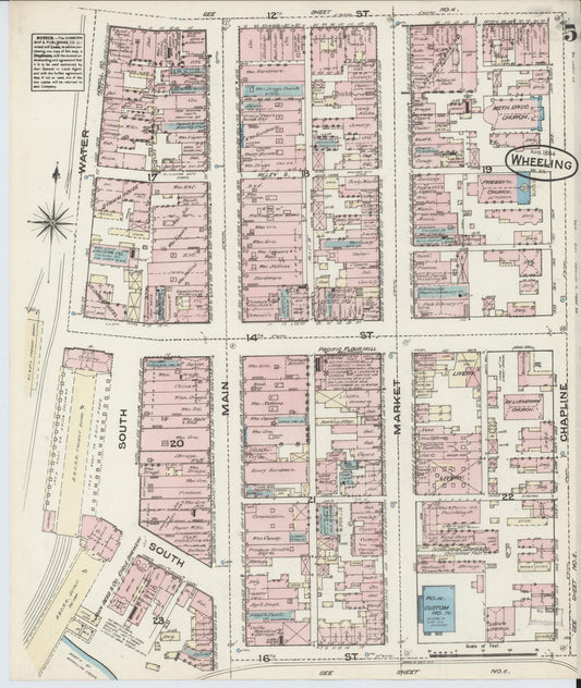 Sanborn Fire Insurance Map from Wheeling, Ohio County, West Virginia (1884), Sheet #0005 - Historic Sanborn Fire Insurance Map Print, vintage old map wall art, antique decor, genealogy gift, West Virginia West Virginia map