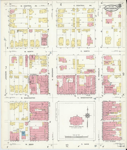 Sanborn Fire Insurance Map from Greensburg, Decatur County, Indiana (1913), Sheet #0008 - Historic Sanborn Fire Insurance Map Print, vintage old map wall art, antique decor, genealogy gift, Indiana Indiana map