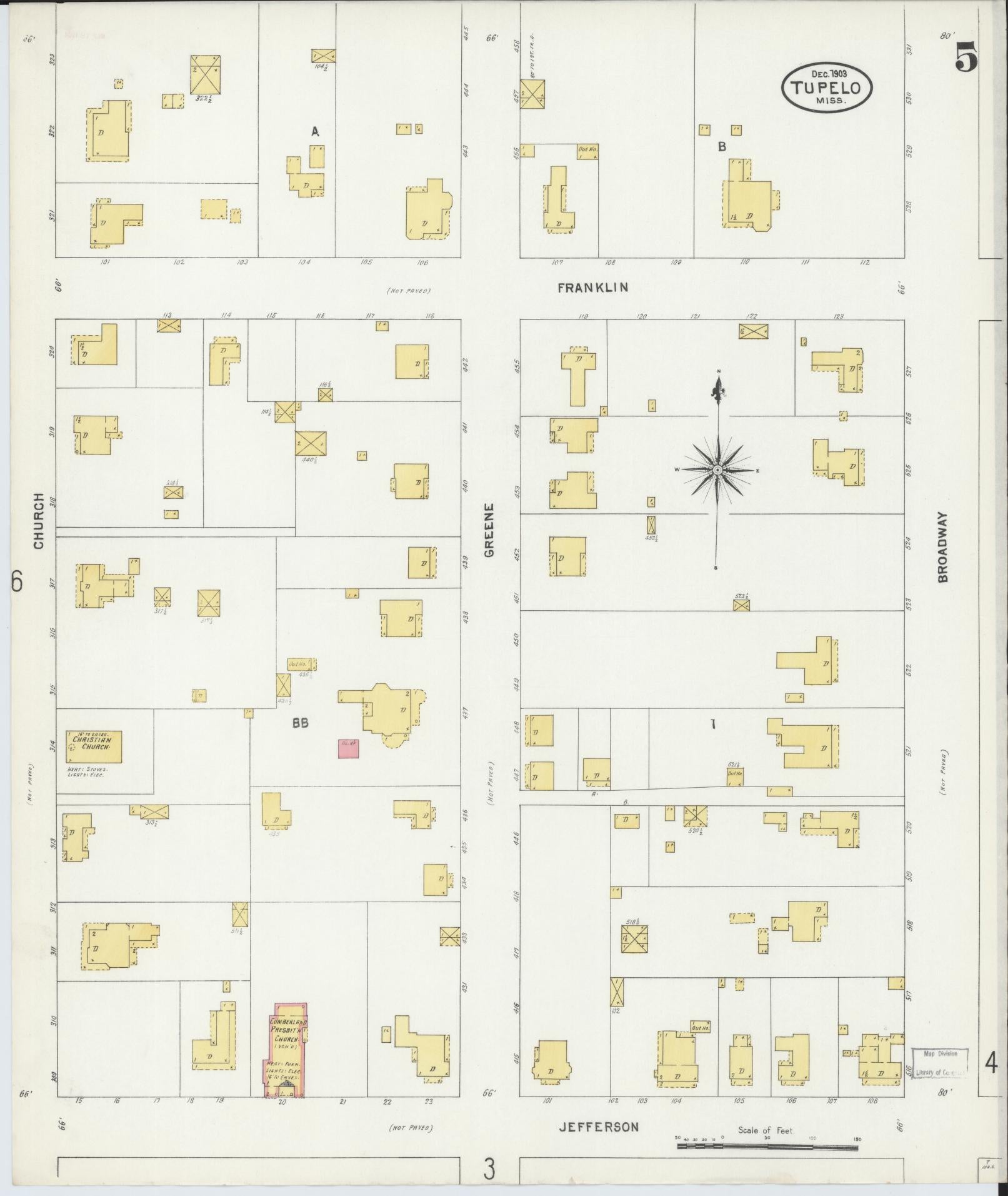 Sanborn Fire Insurance Map from Tupelo, Lee County, Mississippi (1903), Sheet #0005 - Historic Sanborn Fire Insurance Map Print, vintage old map wall art, antique decor, genealogy gift, Mississippi Mississippi map