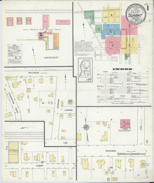 Sanborn Fire Insurance Map from Durant, Holmes County, Mississippi (1914), Sheet #0001 - Complete Map Set gallery image, historic Sanborn map, vintage wall art, Mississippi Mississippi