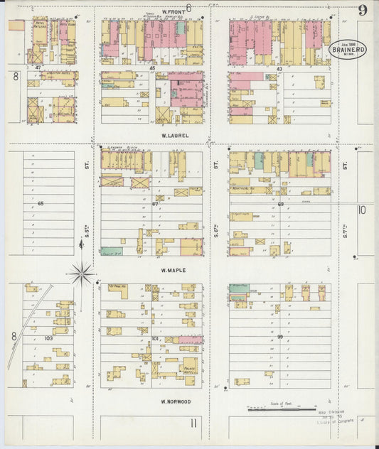Sanborn Fire Insurance Map from Brainerd, Crow Wing County, Minnesota (1898), Sheet #0009 - Historic Sanborn Fire Insurance Map Print, vintage old map wall art, antique decor, genealogy gift, Minnesota Minnesota map