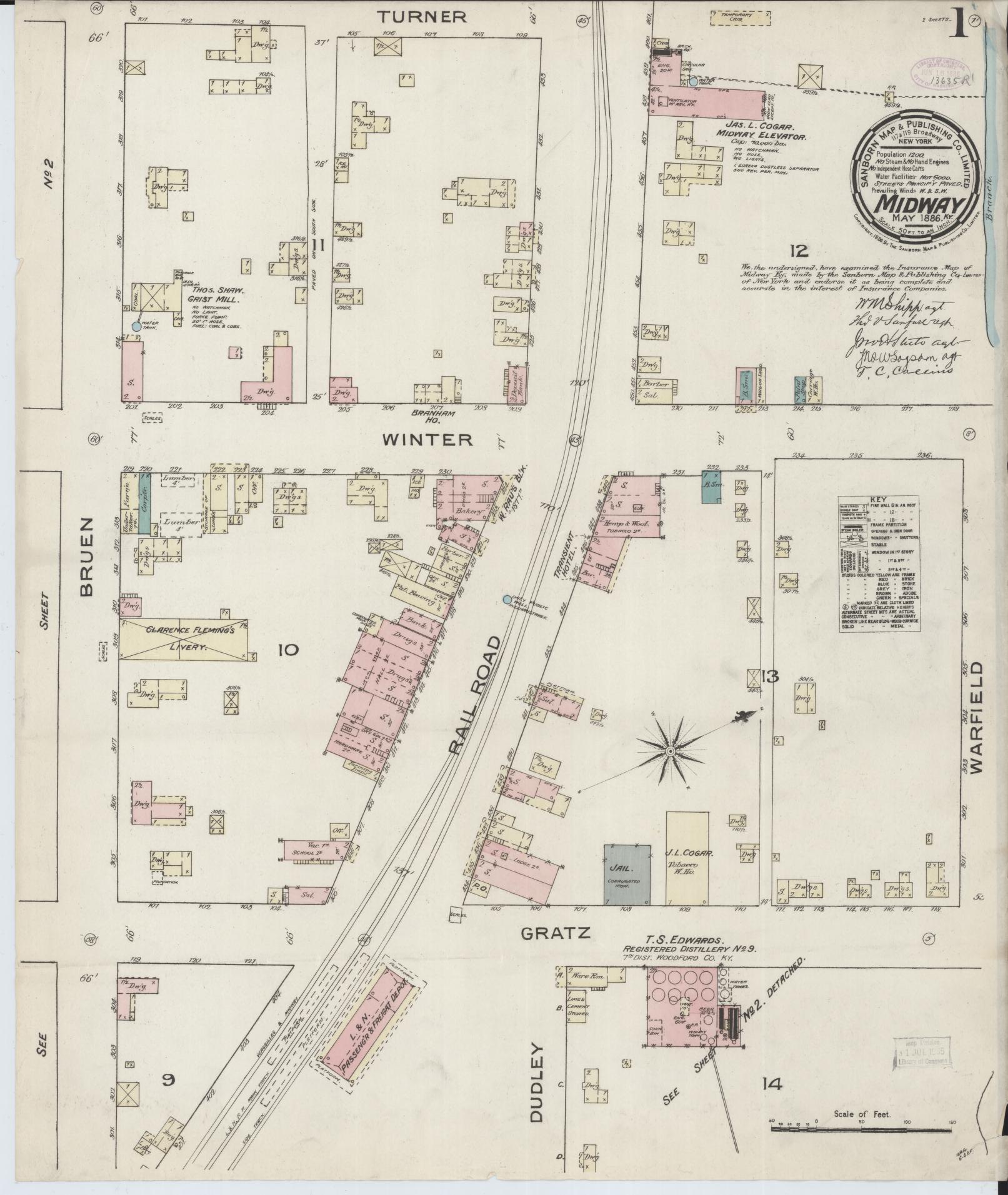 Sanborn Fire Insurance Map from Midway, Woodford County, Kentucky. (1886) – Historic Sanborn Fire Insurance Map Print