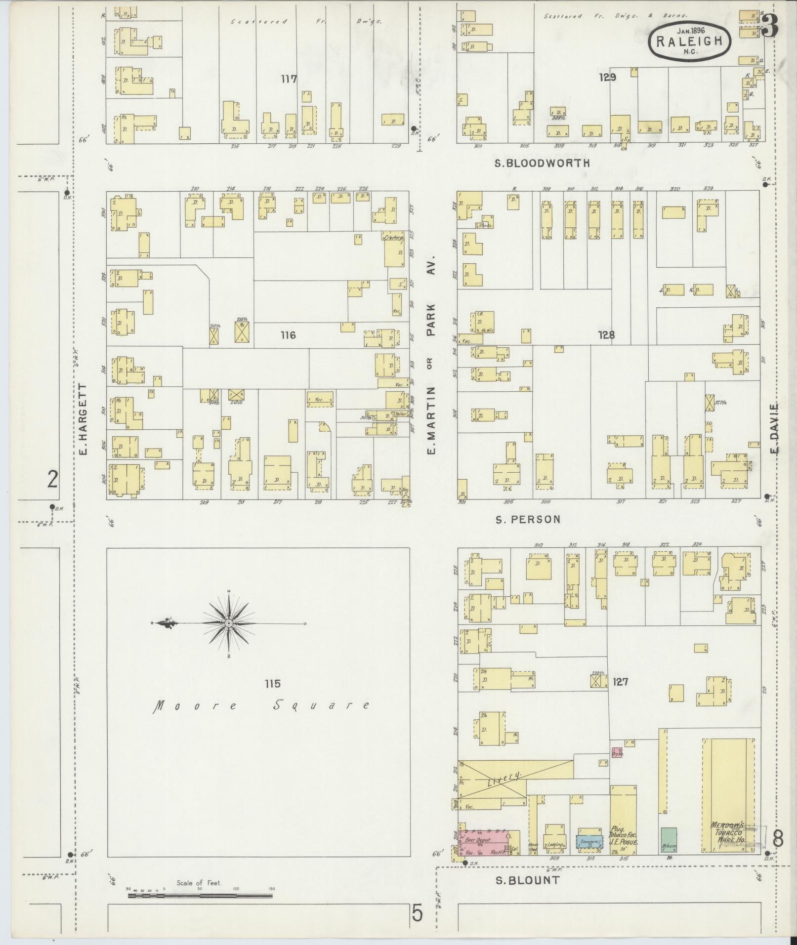 Sanborn Fire Insurance Map from Raleigh, Wake County, North Carolina (1896), Sheet #0003 - Complete Map Set gallery image, historic Sanborn map, vintage wall art, North Carolina North Carolina