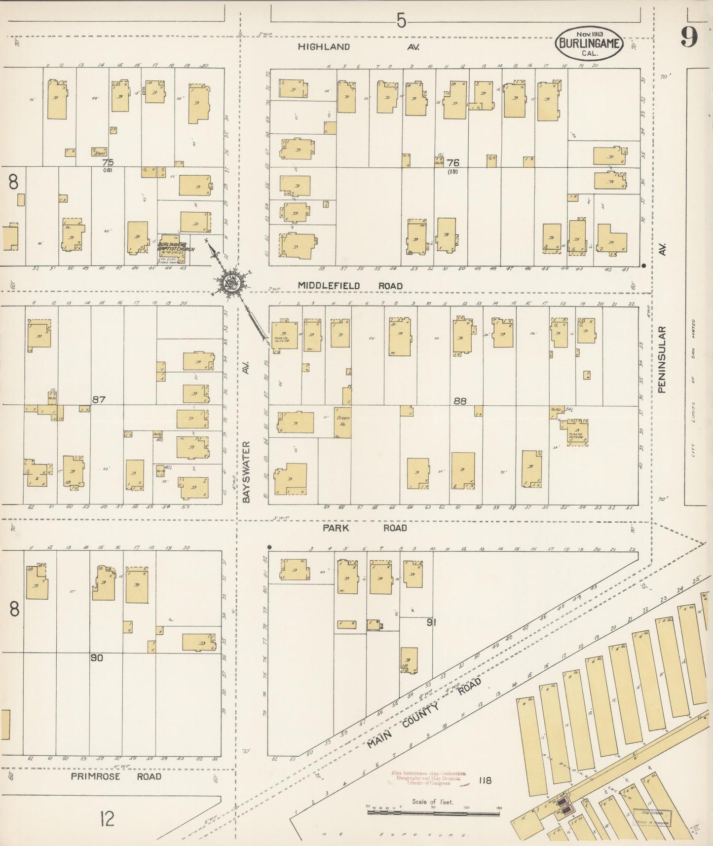 Sanborn Fire Insurance Map from Burlingame, San Mateo County, California (1913), Sheet #0009 - Complete Map Set gallery image, historic Sanborn map, vintage wall art, California California