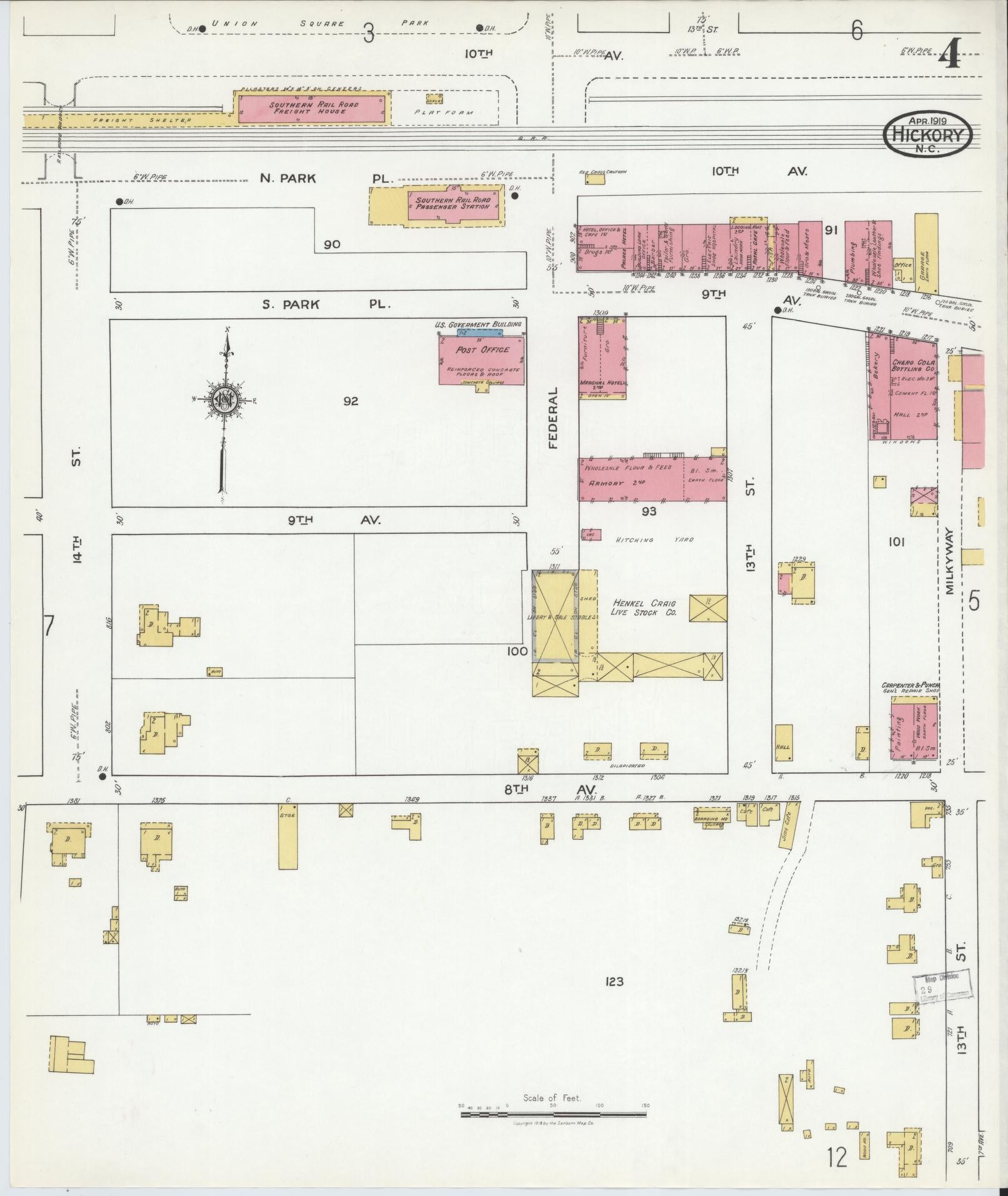Sanborn Fire Insurance Map from Hickory, Catawba County, North Carolina (1919), Sheet #0004 - Complete Map Set gallery image, historic Sanborn map, vintage wall art, North Carolina North Carolina