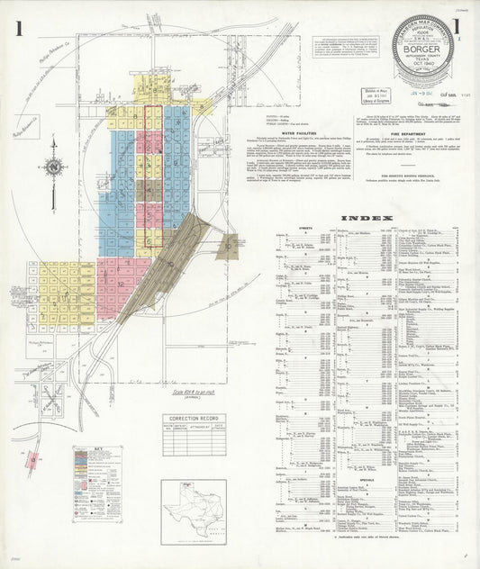 Sanborn Fire Insurance Map from Borger, Hutchinson County, Texas (1940), Sheet #0001 - Historic Sanborn Fire Insurance Map Print, vintage old map wall art, antique decor, genealogy gift, Texas Texas map