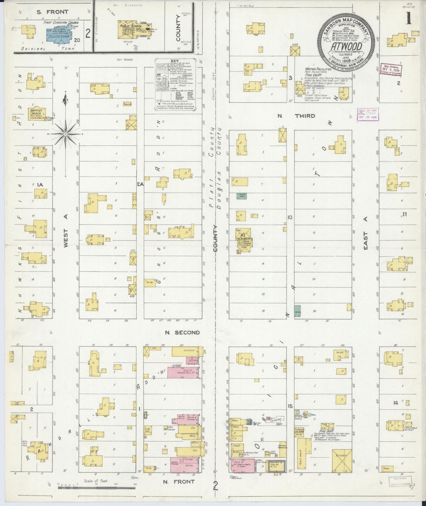 Sanborn Fire Insurance Map from Atwood, Douglas And Piatt Counties, Illinois (1909), Sheet #0001 - Complete Map Set gallery image, historic Sanborn map, vintage wall art, Illinois Illinois