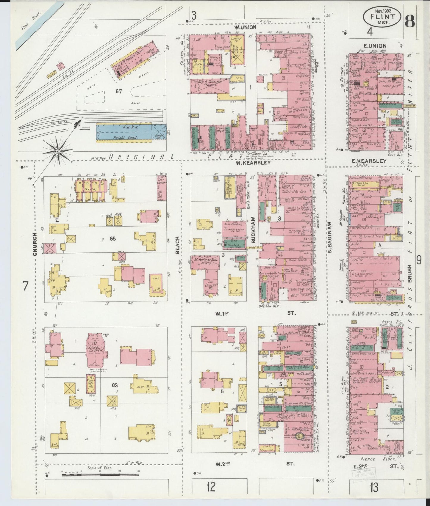 Sanborn Fire Insurance Map from Flint, Genesee County, Michigan (1902), Sheet #0008 - Historic Sanborn Fire Insurance Map Print, vintage old map wall art, antique decor, genealogy gift, Michigan Michigan map