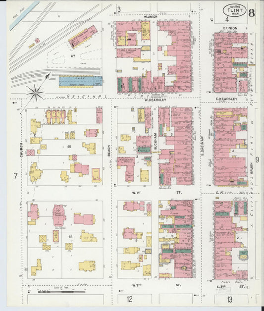 Sanborn Fire Insurance Map from Flint, Genesee County, Michigan (1902), Sheet #0008 - Historic Sanborn Fire Insurance Map Print, vintage old map wall art, antique decor, genealogy gift, Michigan Michigan map