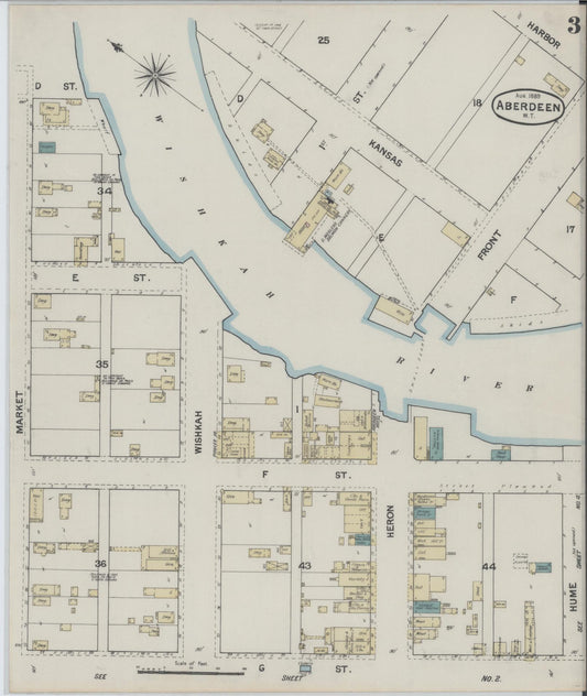 Sanborn Fire Insurance Map from Aberdeen, Grays Harbor County, Washington (1889), Sheet #0003 - Historic Sanborn Fire Insurance Map Print, vintage old map wall art, antique decor, genealogy gift, Washington Washington map