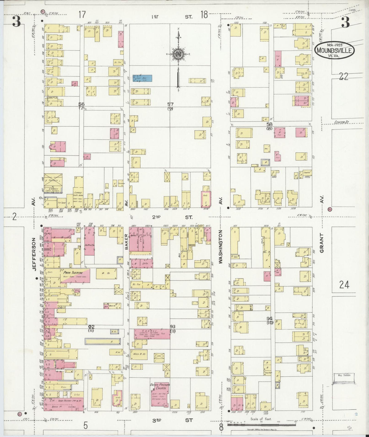 Sanborn Fire Insurance Map from Moundsville, Marshall County, West Virginia (1923), Sheet #0003 - Complete Map Set gallery image, historic Sanborn map, vintage wall art, West Virginia West Virginia
