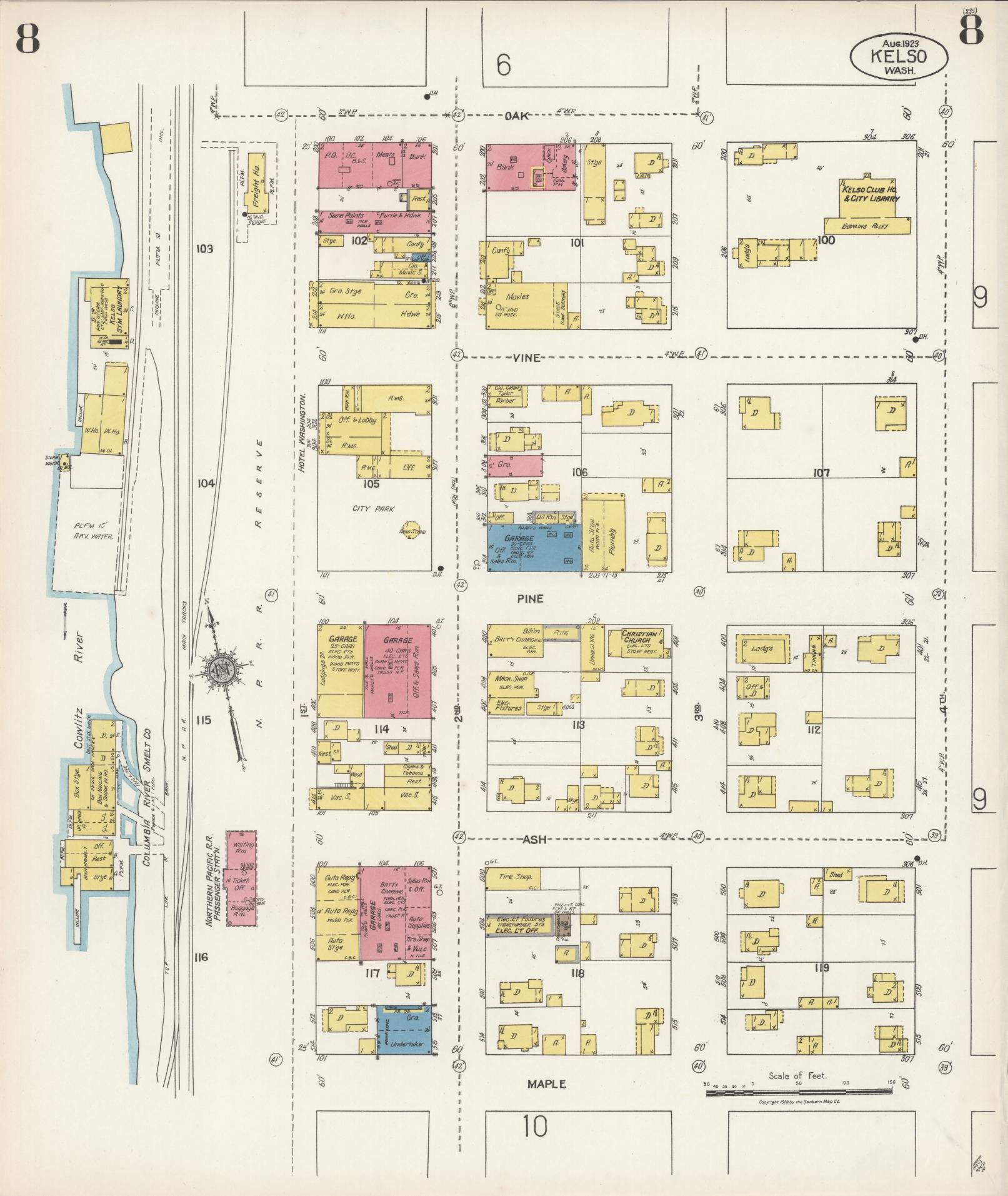 Sanborn Fire Insurance Map from Kelso, Cowlitz County, Washington (1923), Sheet #0008 - Complete Map Set gallery image, historic Sanborn map, vintage wall art, Washington Washington