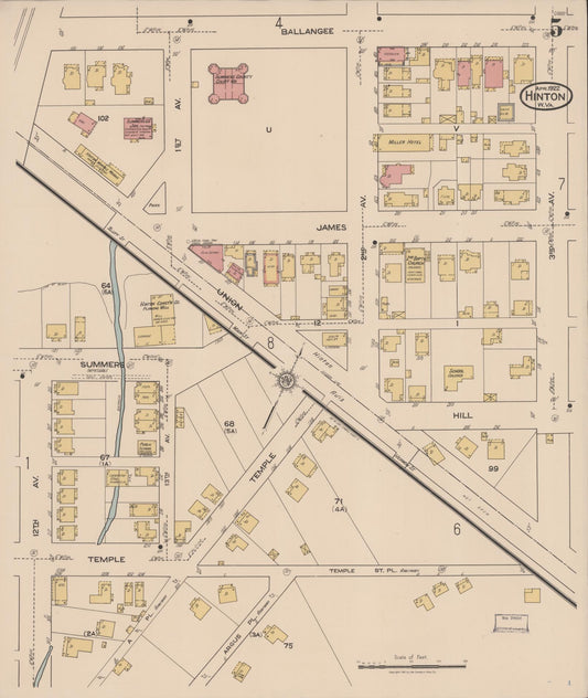 Sanborn Fire Insurance Map from Hinton, Summer County, West Virginia (1922), Sheet #0005 - Historic Sanborn Fire Insurance Map Print, vintage old map wall art, antique decor, genealogy gift, West Virginia West Virginia map