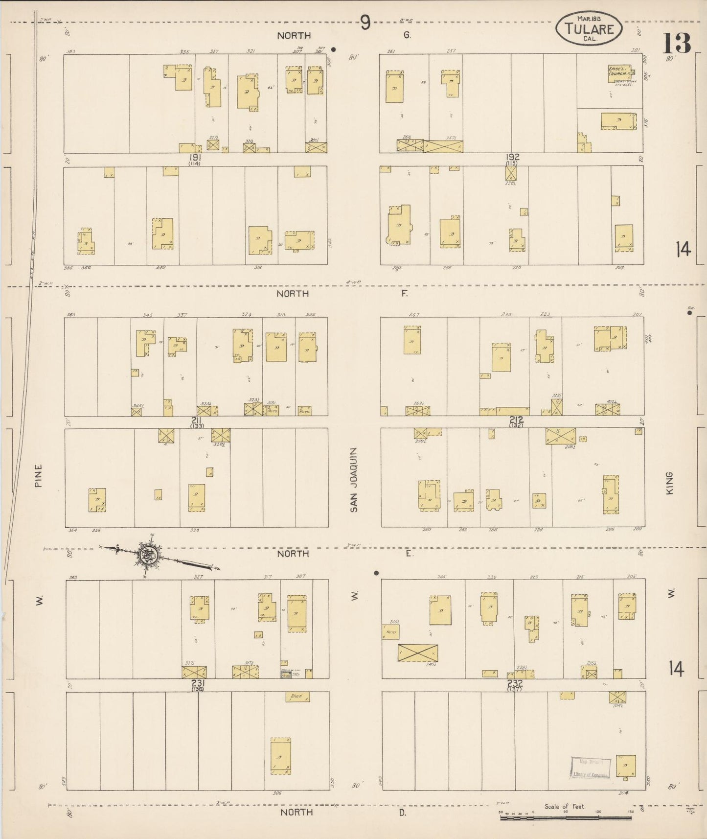 Sanborn Fire Insurance Map from Tulare, Tulare County, California (1913), Sheet #0013 - Complete Map Set gallery image, historic Sanborn map, vintage wall art, California California