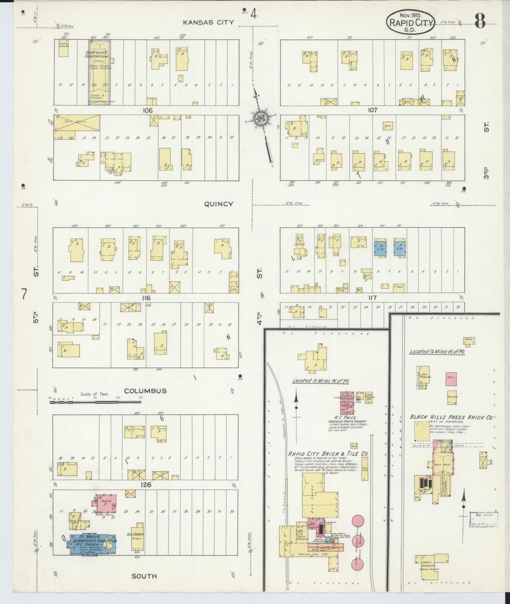 Sanborn Fire Insurance Map from Rapid City, Pennington County, South Dakota (1915), Sheet #0008 - Historic Sanborn Fire Insurance Map Print, vintage old map wall art, antique decor, genealogy gift, South Dakota South Dakota map