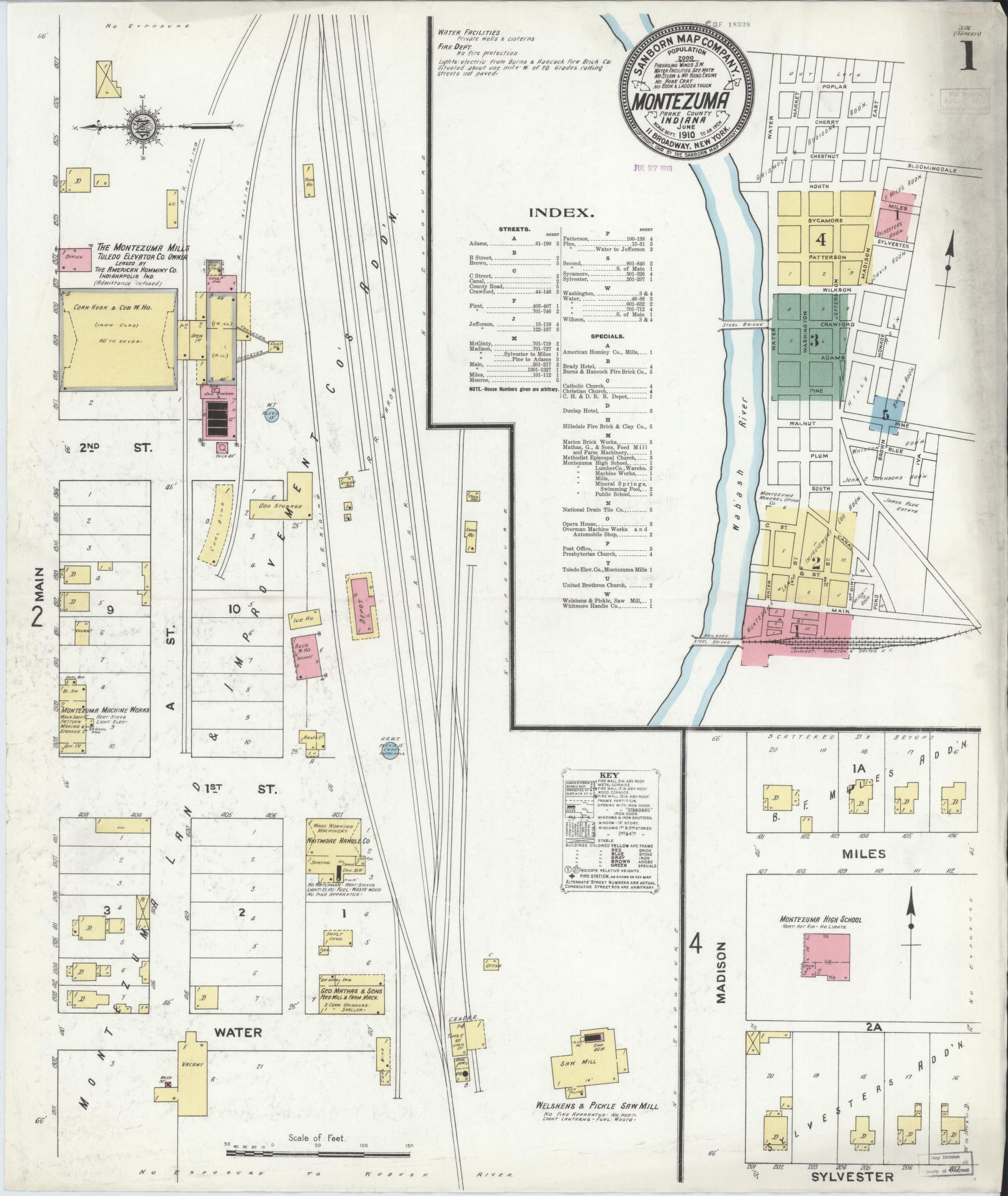 Sanborn Fire Insurance Map from Montezuma, Parke County, Indiana (1910), Sheet #0001 - Historic Sanborn Fire Insurance Map Print, vintage old map wall art, antique decor, genealogy gift, Indiana Indiana map