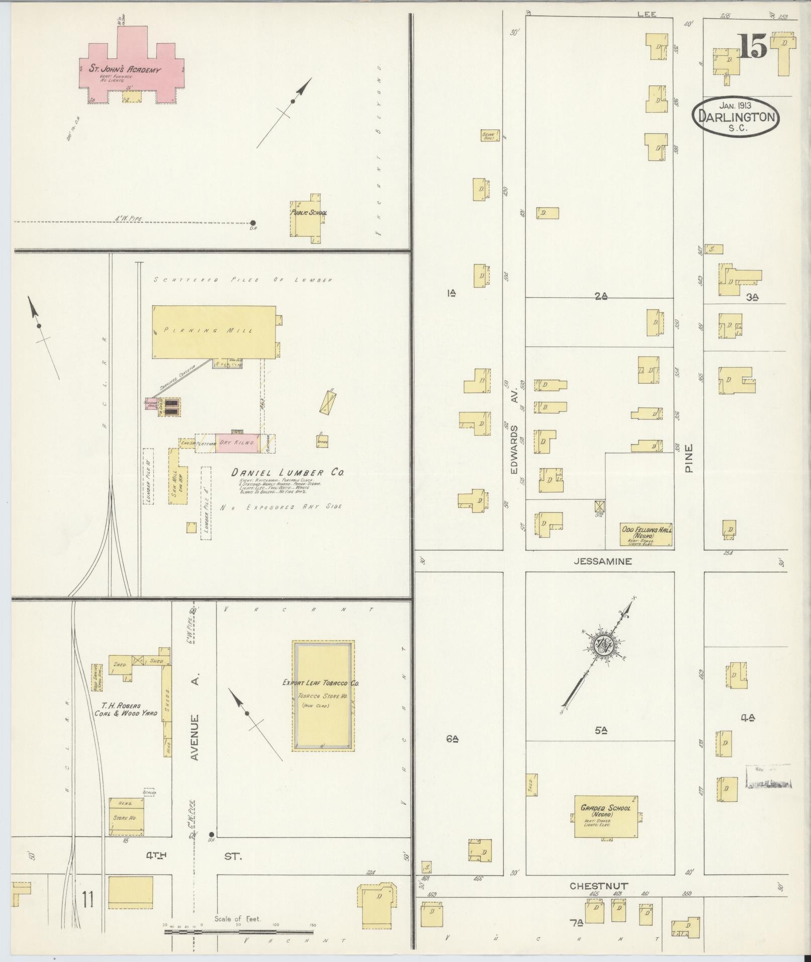 Sanborn Fire Insurance Map from Darlington, Darlington County, South Carolina (1913), Sheet #0015 - Historic Sanborn Fire Insurance Map Print, vintage old map wall art, antique decor, genealogy gift, South Carolina South Carolina map
