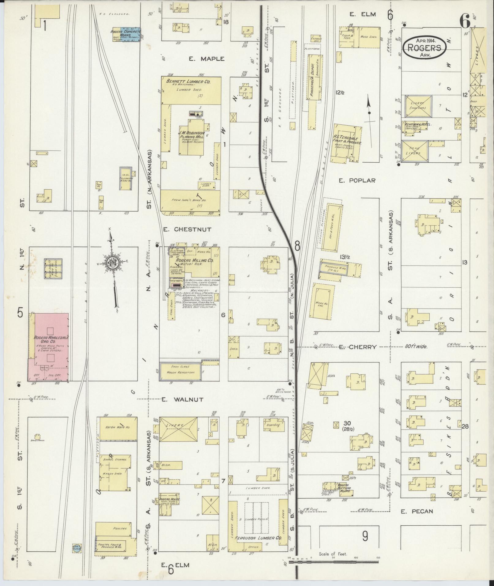 Sanborn Fire Insurance Map from Rogers, Benton County, Arkansas (1914), Sheet #0006 - Complete Map Set gallery image, historic Sanborn map, vintage wall art, Arkansas Arkansas