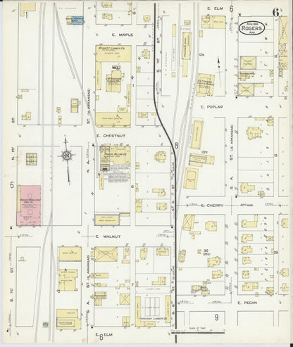 Sanborn Fire Insurance Map from Rogers, Benton County, Arkansas (1914), Sheet #0006 - Complete Map Set gallery image, historic Sanborn map, vintage wall art, Arkansas Arkansas