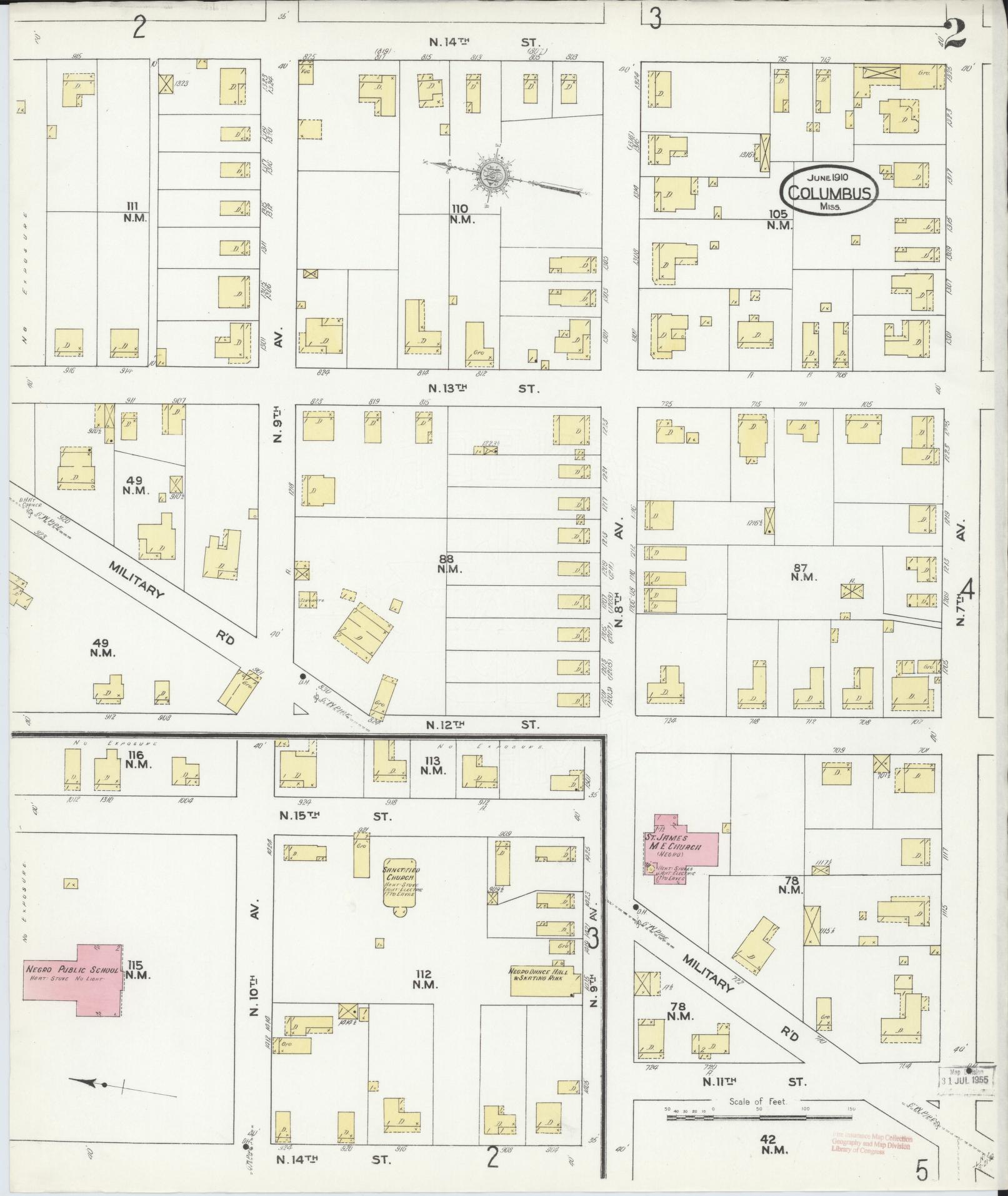 Sanborn Fire Insurance Map from Columbus, Lowndes County, Mississippi (1910), Sheet #0002 - Complete Map Set gallery image, historic Sanborn map, vintage wall art, Mississippi Mississippi