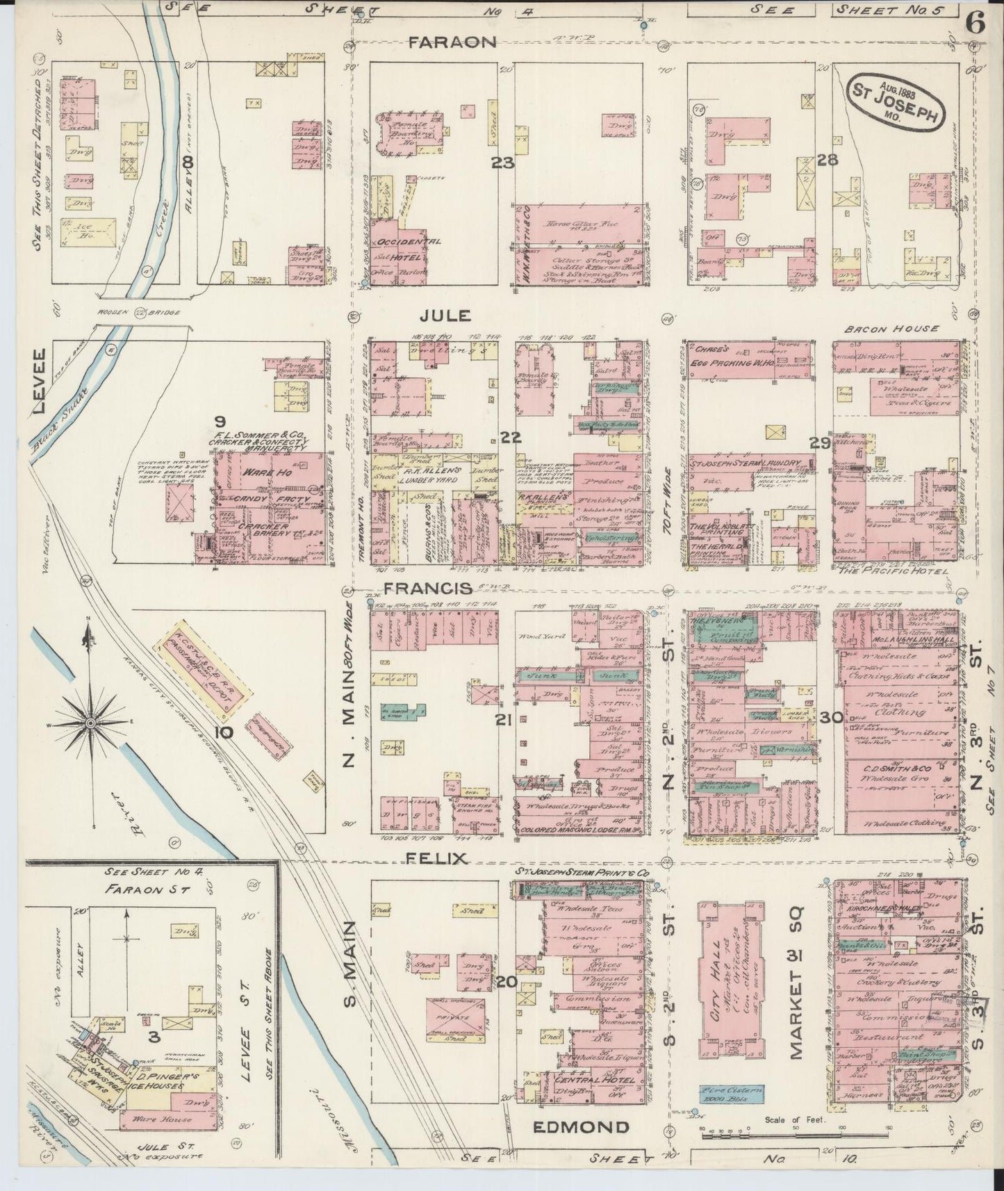 Sanborn Fire Insurance Map from Saint Joseph, Buchanan County, Missouri (1883), Sheet #0006 - Historic Sanborn Fire Insurance Map Print, vintage old map wall art, antique decor, genealogy gift, Missouri Missouri map