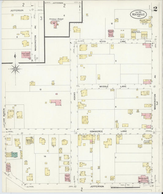 Sanborn Fire Insurance Map from Rockville, Montgomery County, Maryland (1908), Sheet #0002 - Historic Sanborn Fire Insurance Map Print, vintage old map wall art, antique decor, genealogy gift, Maryland Maryland map