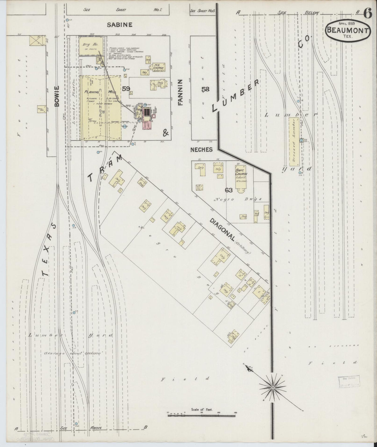 Sanborn Fire Insurance Map from Beaumont, Jefferson County, Texas (1889), Sheet #0006 - Historic Sanborn Fire Insurance Map Print, vintage old map wall art, antique decor, genealogy gift, Texas Texas map