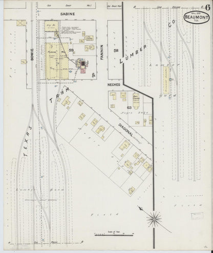 Sanborn Fire Insurance Map from Beaumont, Jefferson County, Texas (1889), Sheet #0006 - Historic Sanborn Fire Insurance Map Print, vintage old map wall art, antique decor, genealogy gift, Texas Texas map