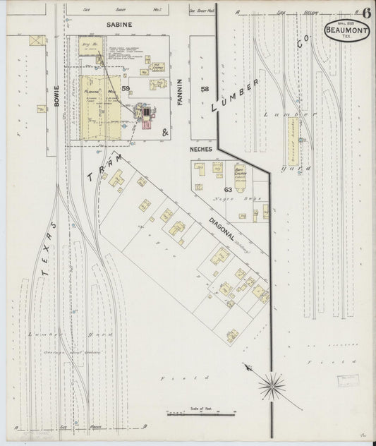 Sanborn Fire Insurance Map from Beaumont, Jefferson County, Texas (1889), Sheet #0006 - Historic Sanborn Fire Insurance Map Print, vintage old map wall art, antique decor, genealogy gift, Texas Texas map