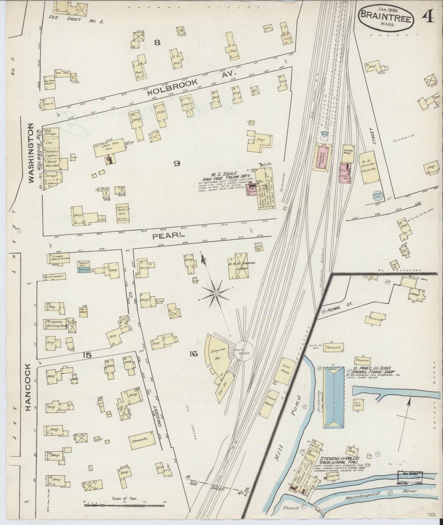 Sanborn Fire Insurance Map from Braintree, Norfolk County, Massachusetts (1886), Sheet #0004 - Complete Map Set gallery image, historic Sanborn map, vintage wall art, Massachusetts Massachusetts